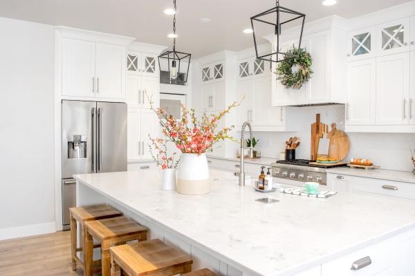 Gold Kitchen Cabinets & Granite Quartz Countertops